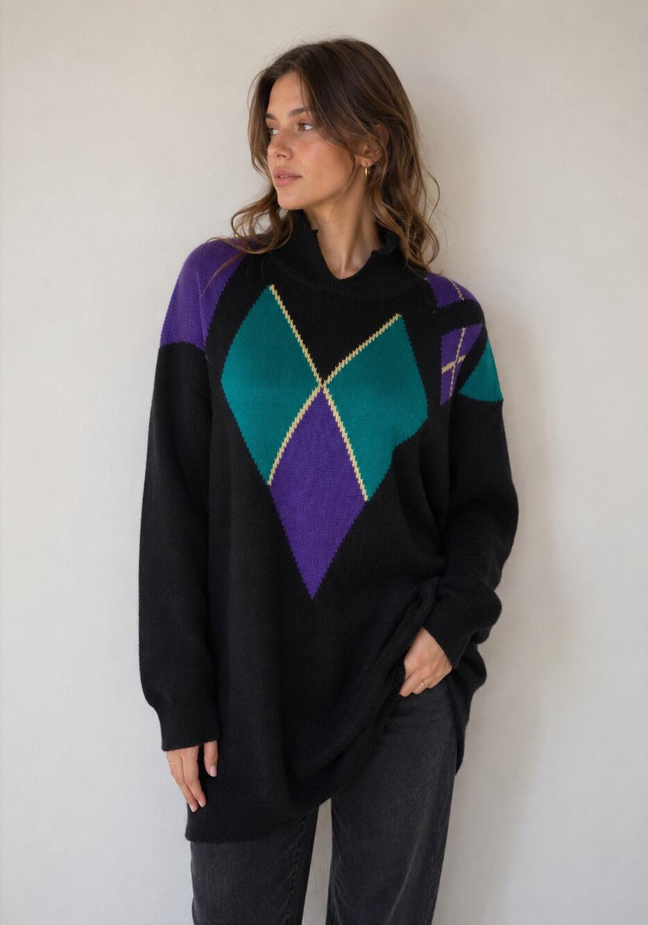 Vintage Black Purple Green Gold Diamond Sweater Sz Medium